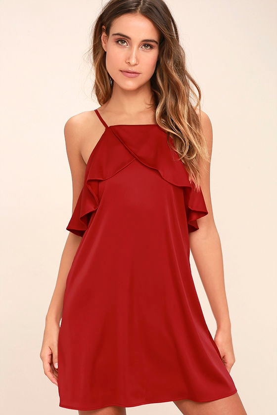 red satin shift dress