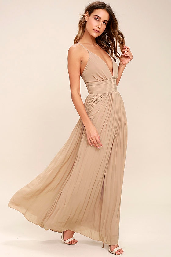 Stunning Nude Dress - Pleated Maxi Dress - Beige Gown 