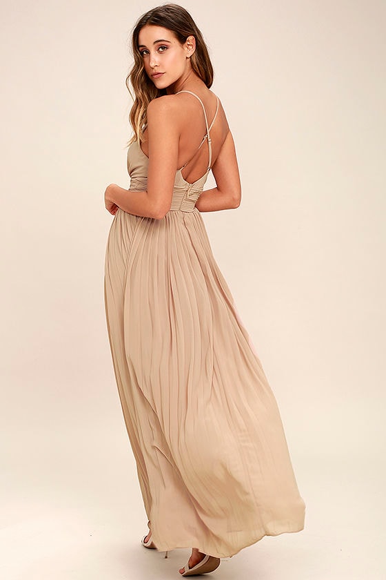 Stunning Nude Dress - Pleated Maxi Dress - Beige Gown - $78.00
