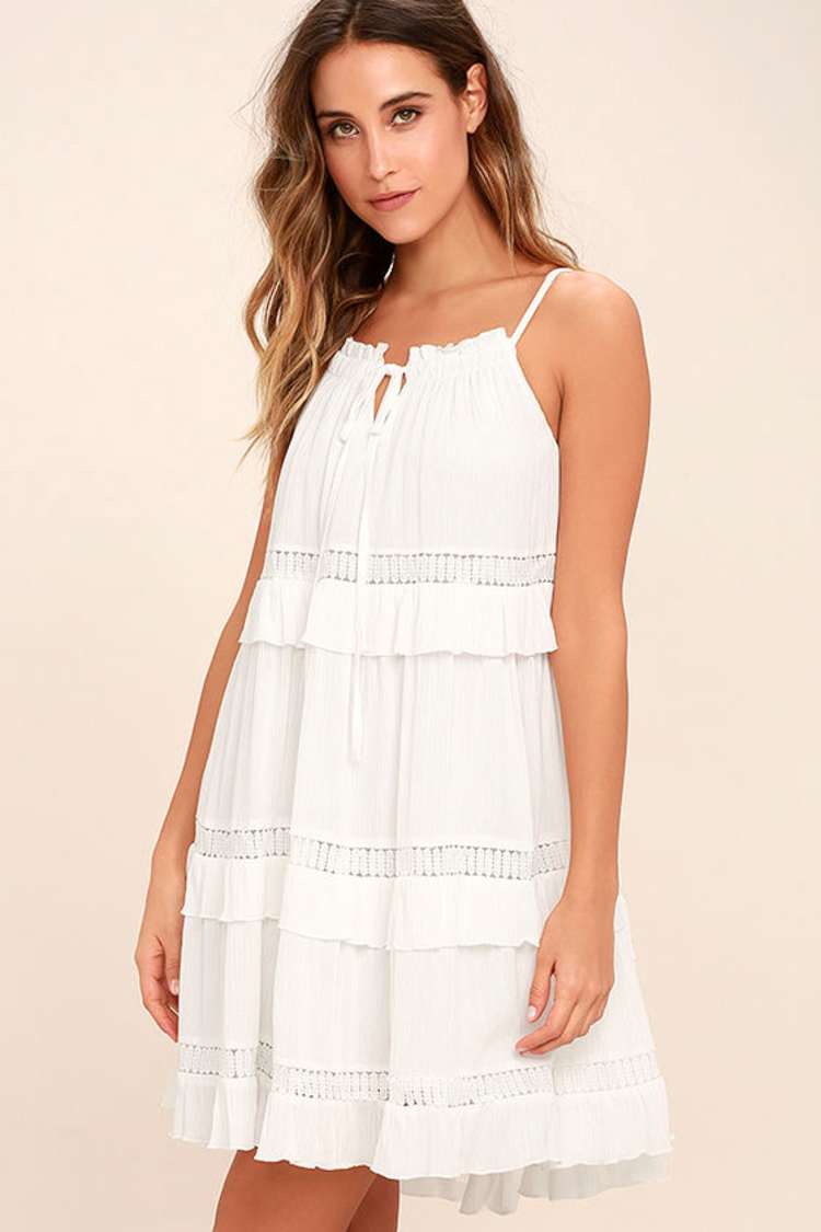 moon river white lace dress MOON RIVER Women's Sleeveless Tiered Cotton Midi Sundress - White