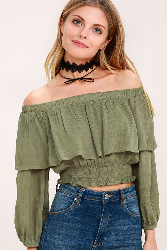 Shy Sweetheart Olive Green Off-the-Shoulder Crop Top