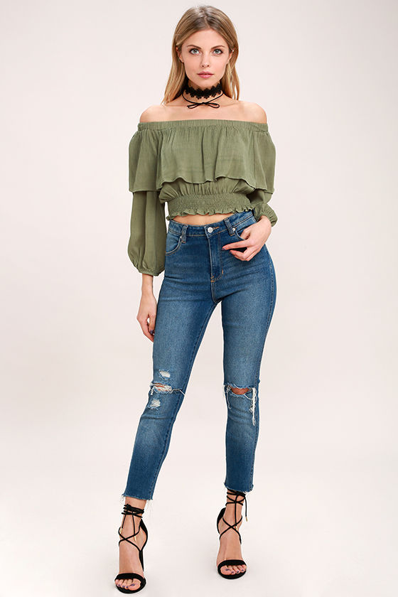 Shy Sweetheart Olive Green Off-the-Shoulder Crop Top