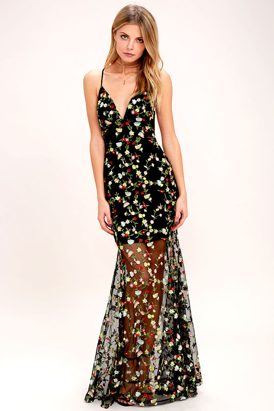 black floral embroidered maxi dress