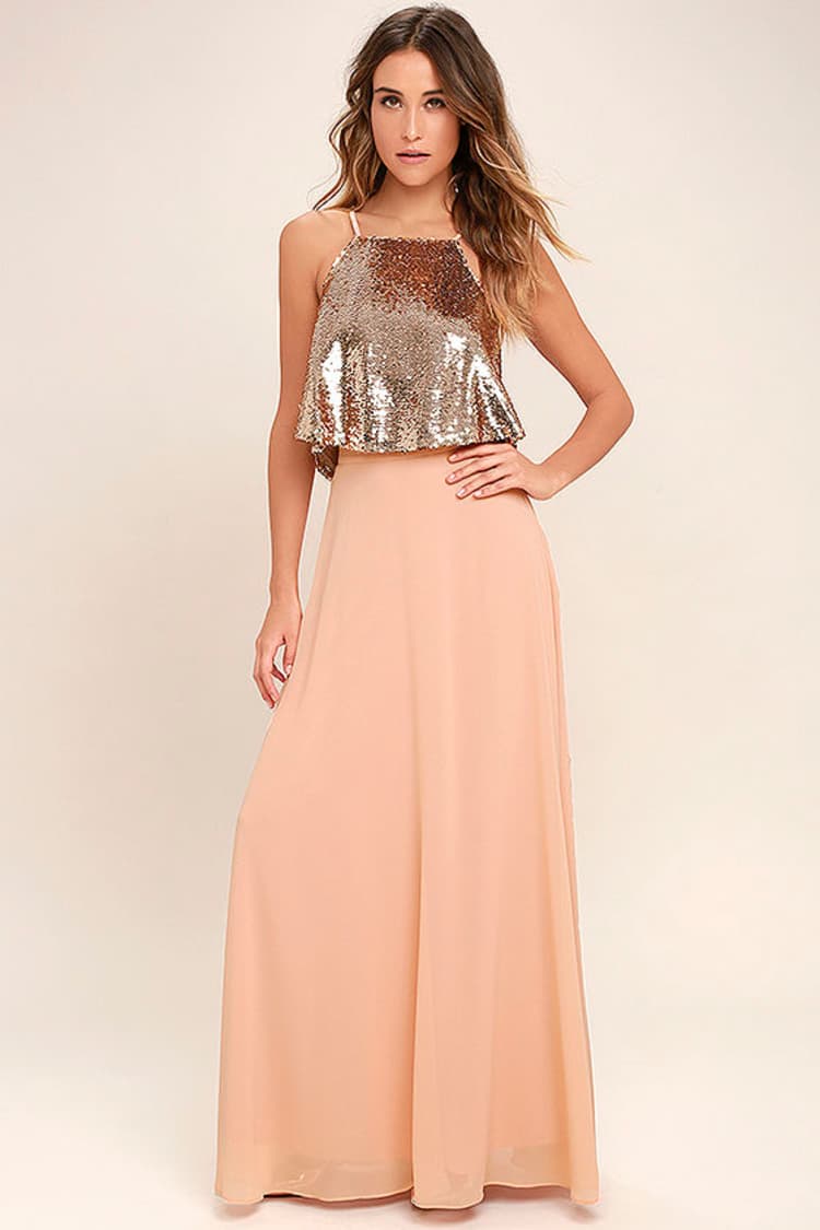 Stunning Rose Gold Dress - Sequin Two-Piece Dress - Two-Piece Maxi Dress -  $89.00 - Lulus