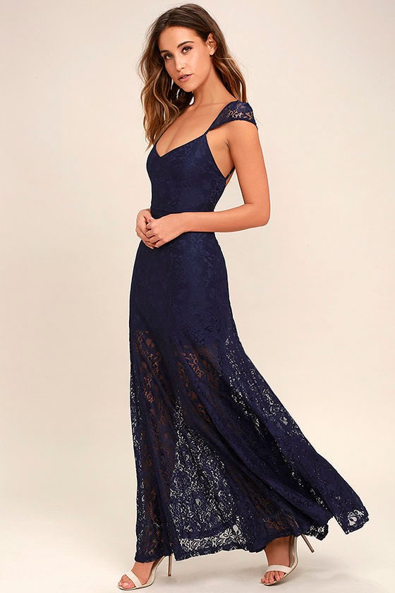 Evening Dreaming Navy Blue Lace Maxi Dress 2