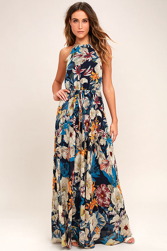 Lovely Navy Blue Dress - Floral Print Dress - Floral Maxi Dress - $89. ...