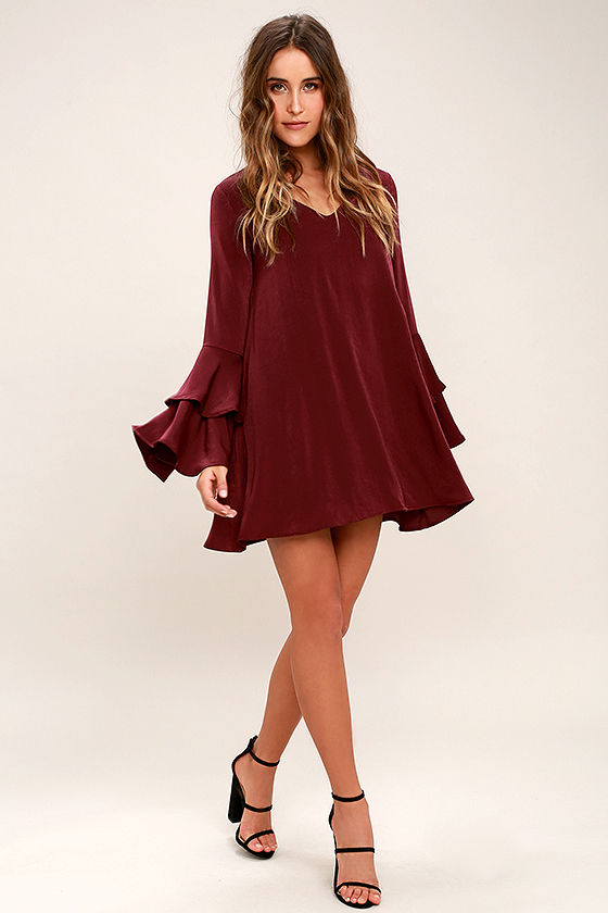 Get a Glimpse Burgundy Long Sleeve Shift Dress 2
