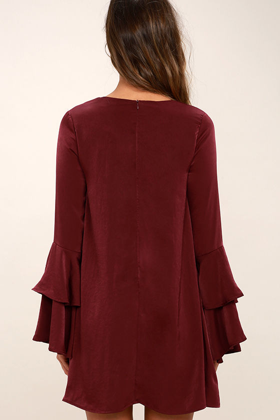Lovely Burgundy Dress - Shift Dress - Bell Sleeve Dress - Long Sleeve Dress - $52.00