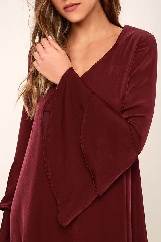 Lovely Burgundy Dress - Shift Dress - Bell Sleeve Dress - Long Sleeve Dress - $52.00