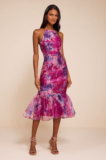 Admirable Essence Magenta Floral Organza Trumpet Midi Dress 2
