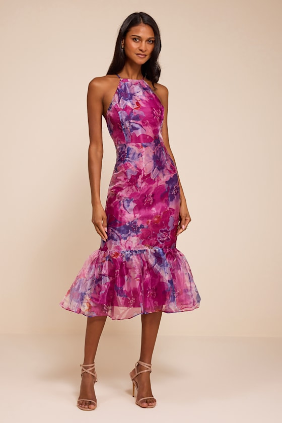 Admirable Essence Magenta Floral Organza Trumpet Midi Dress 2