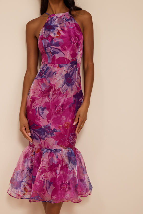 Admirable Essence Magenta Floral Organza Trumpet Midi Dress 3