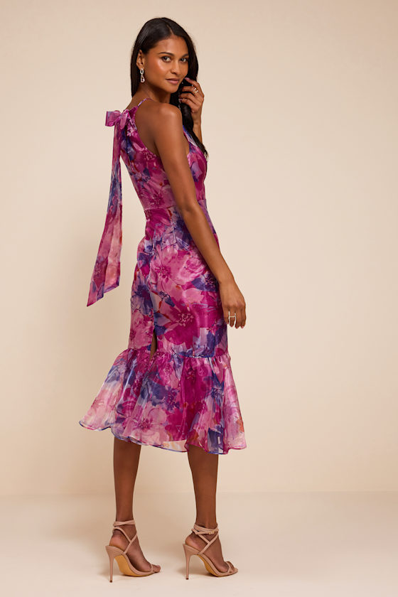 Magenta Floral Dress - Trumpet Midi Dress - Organza Midi Dress - Lulus