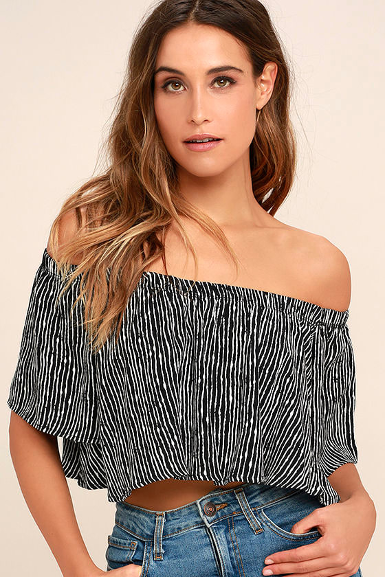 Chic Black and White Striped Top - Crop Top - Off-the-Shoulder Top ...