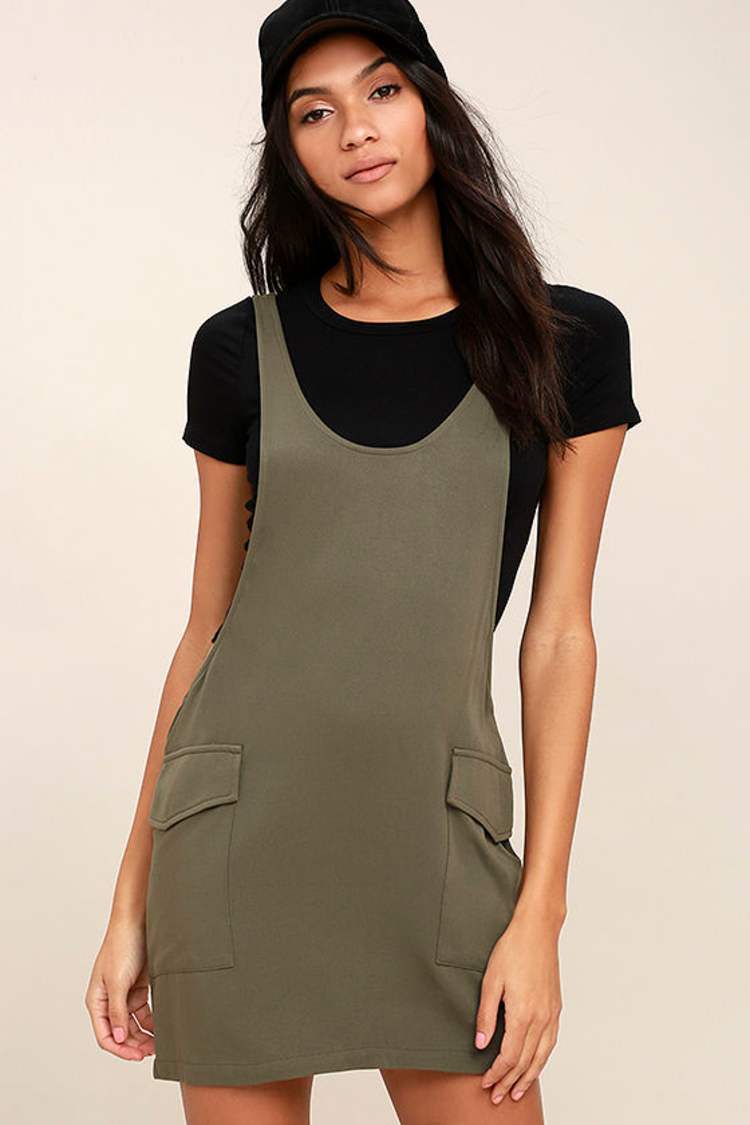 strapless open back dress Corduroy Pinafore Dress – Olive Green main image 1