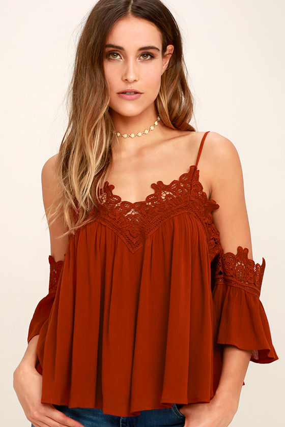 Daily Devotion Rust Red Lace Off-the-Shoulder Top