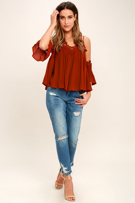 Daily Devotion Rust Red Lace Off-the-Shoulder Top