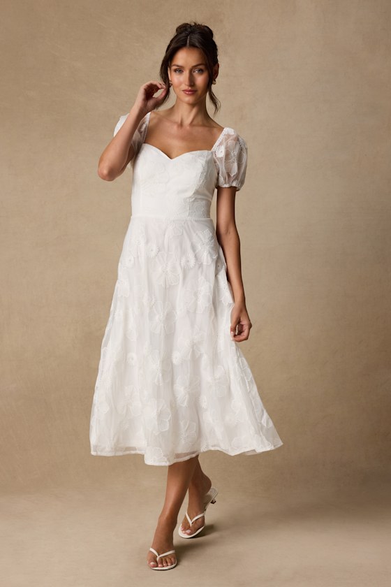 Sweetest Behavior White Embroidered Puff Sleeve Midi Dress 2