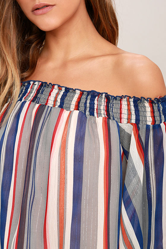 Cute Blue and Rust Red Top - Striped Top - Off-the-Shoulder Top - $42.00