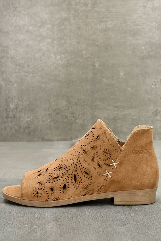 Coolway Nelia Cognac Suede Leather Cutout Peep Toe Booties
