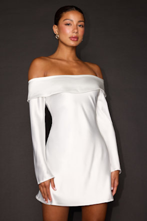 White Satin Off-the-Shoulder Mini Dress | Womens | Large | 100% Polyester | Lulus