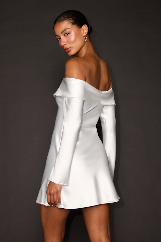 Luxurious Vision White Satin Off-the-Shoulder Mini Dress - thumbnail 2