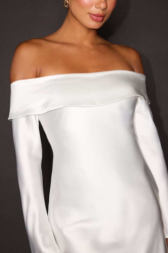 Luxurious Vision White Satin Off-the-Shoulder Mini Dress - thumbnail 4