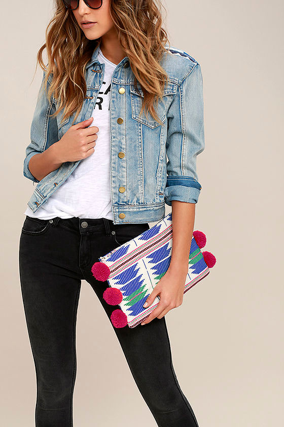 Festive Fiesta Pink and Blue Embroidered Clutch