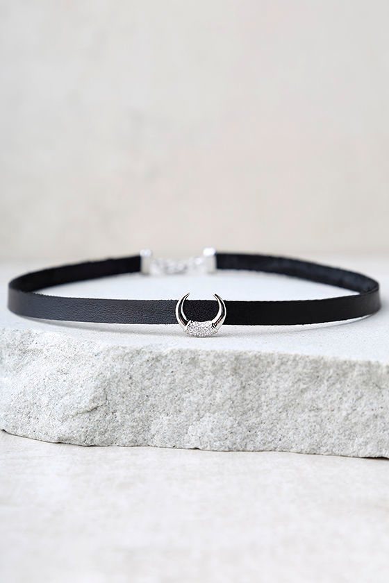 Chic Black and Silver Choker - Crescent Choker - Vegan Leather Choker ...