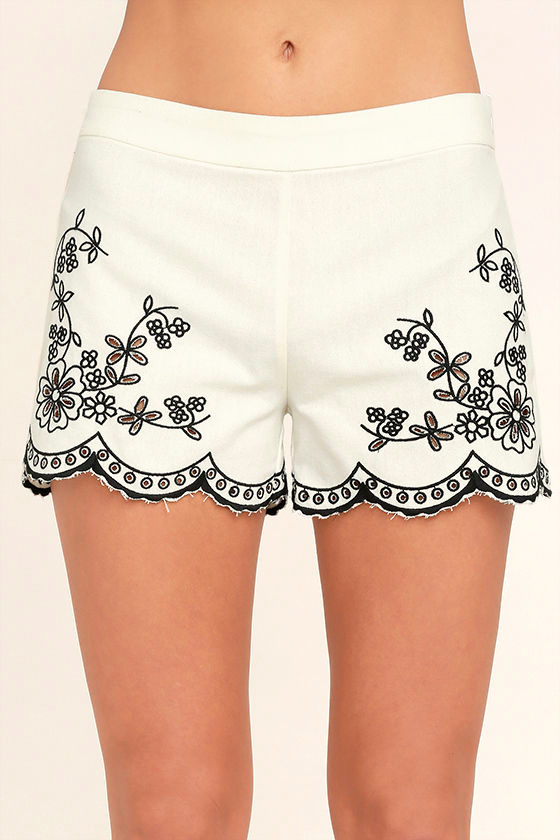 Cute Ivory Shorts Black Embroidered Shorts Black and White Shorts