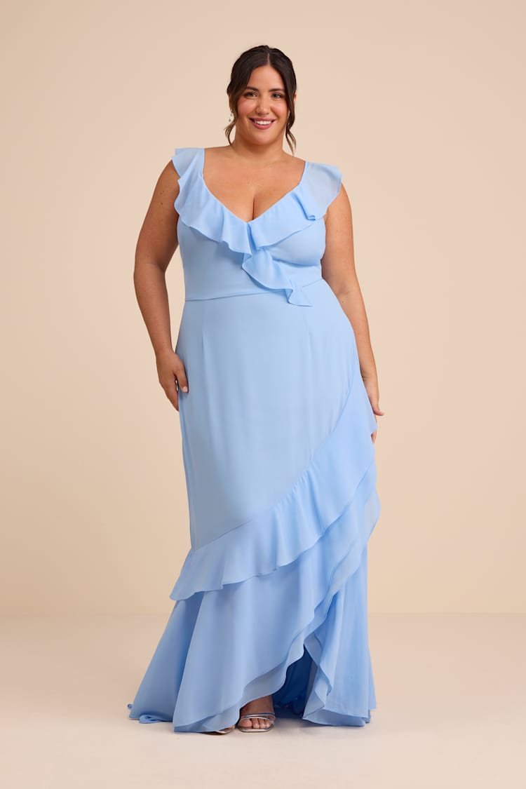 Charming Event Light Blue Asymmetrical Ruffled Maxi Dress