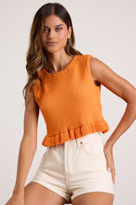 Flouncin' Around Orange Cropped Ruffled Sweater Tank 1