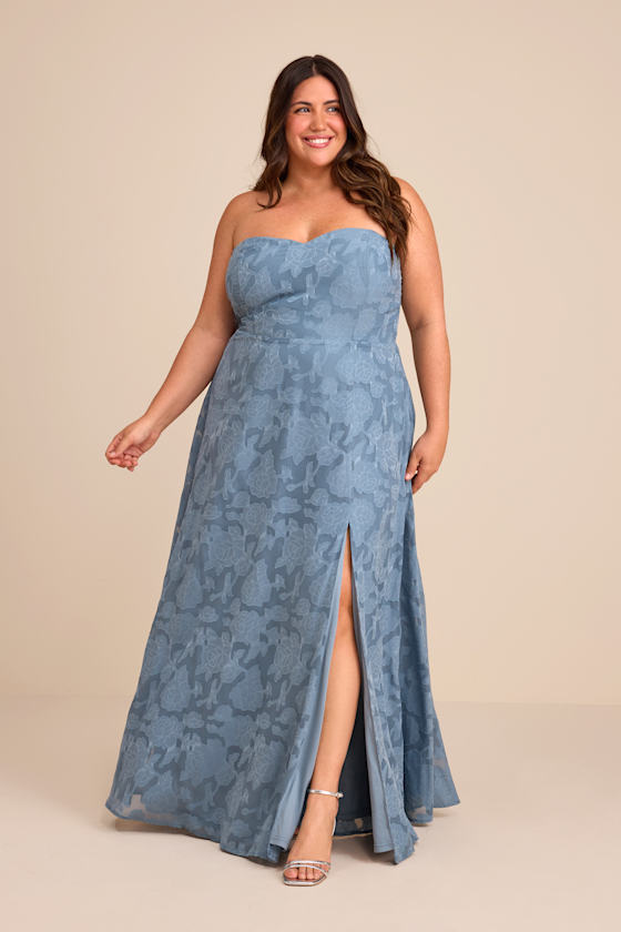 Garden of Romance Dusty Blue Floral Burnout Strapless Maxi Dress - thumbnail 2