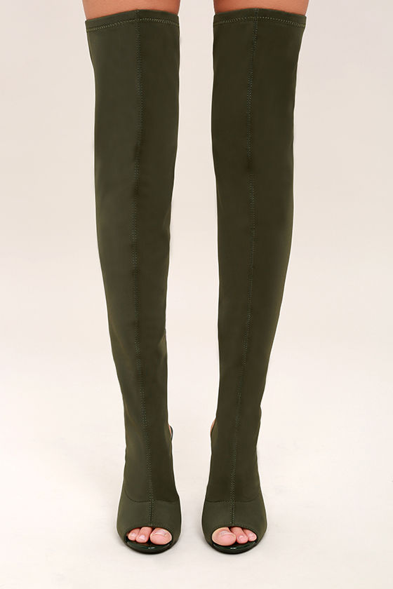 olive green open toe thigh high boots