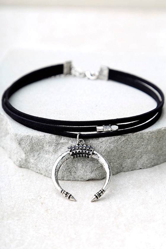 Boho Silver and Black Choker - Vegan Suede Choker - Crescent Choker ...