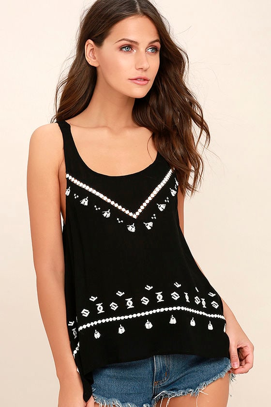 Boho Black Top Embroidered Tank Top Handkerchief Top 42.00 Lulus