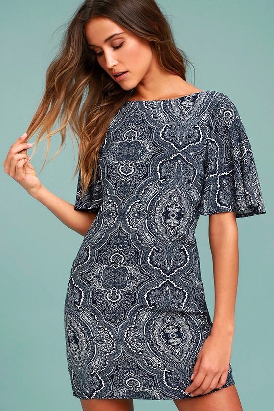 Boho Navy Blue Print Dress - Backless Dress - Shift Dress - $62.00