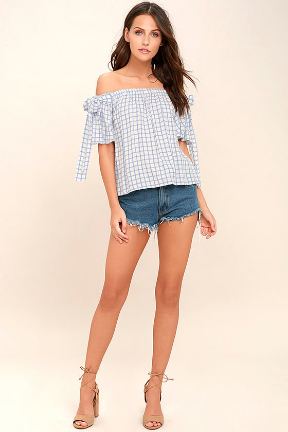 Vacation House Blue and White Grid Print Off-the-Shoulder Top 2