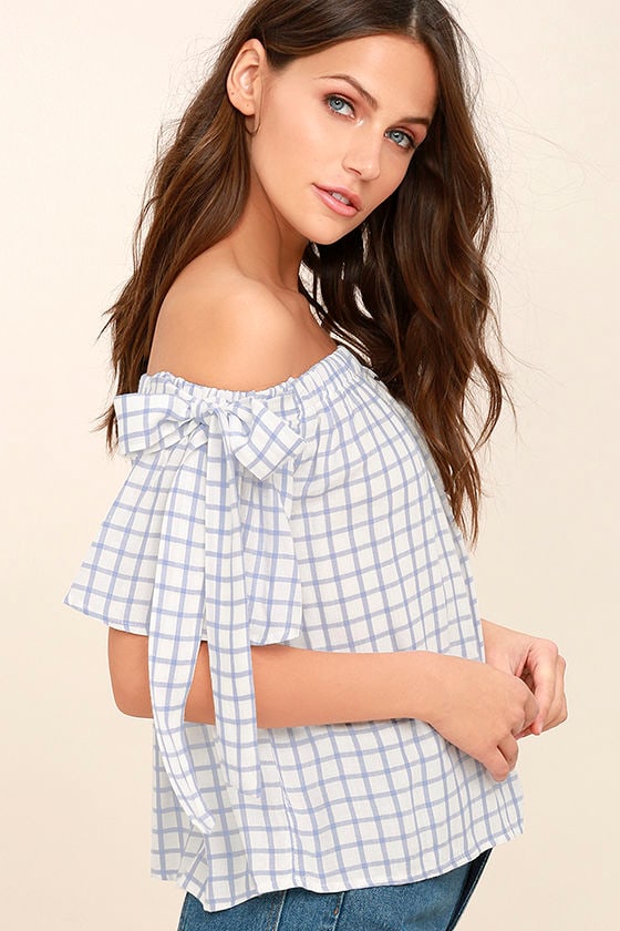 Vacation House Blue and White Grid Print Off-the-Shoulder Top
