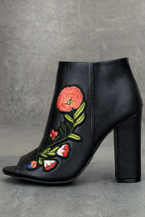 Asta Black Embroidered Peep-Toe Booties 1