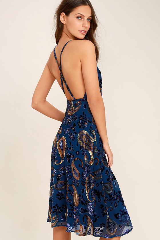 Unforgettable Encounter Navy Blue Velvet Print Midi Dress 1