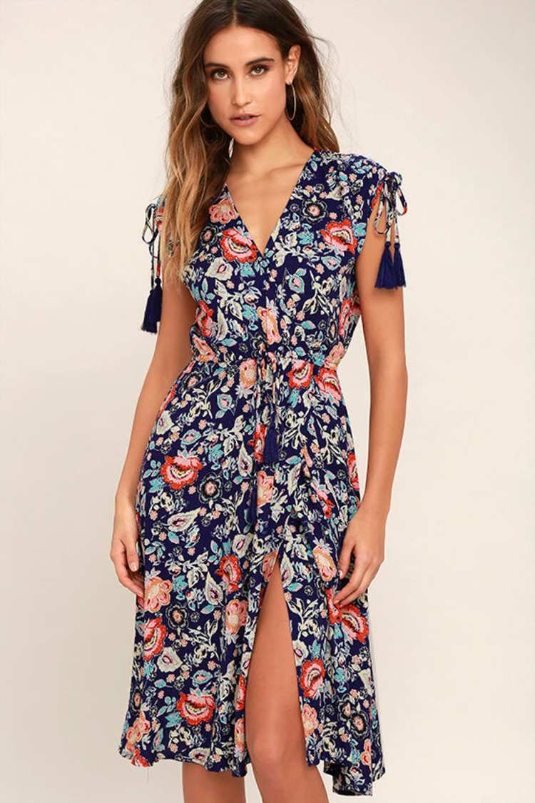 Royal Blue Floral Print Dress - Tassel Dress - Drawstring Dress - $57.00 -  Lulus