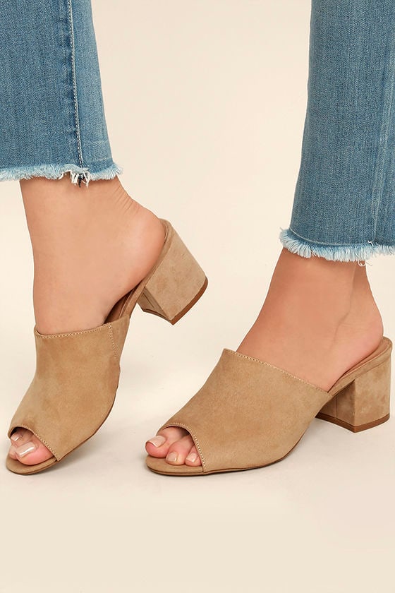 Chic Natural Heels - Vegan Suede Mules - Nude Mules - Peep-Toe Mules ...