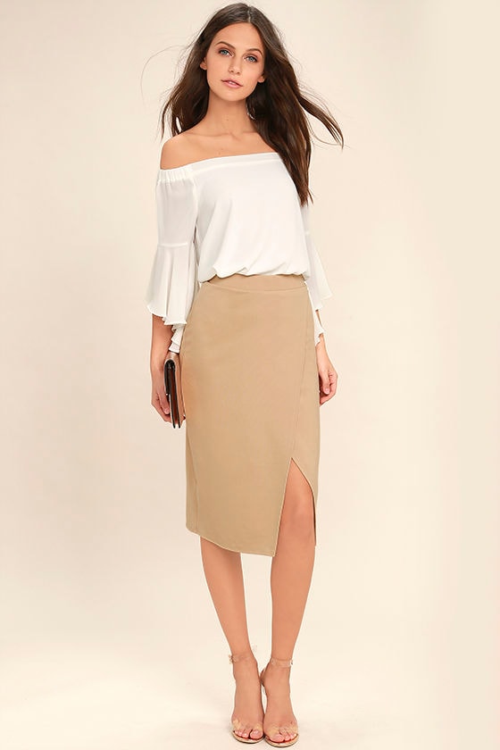 midi pencil skirt beige