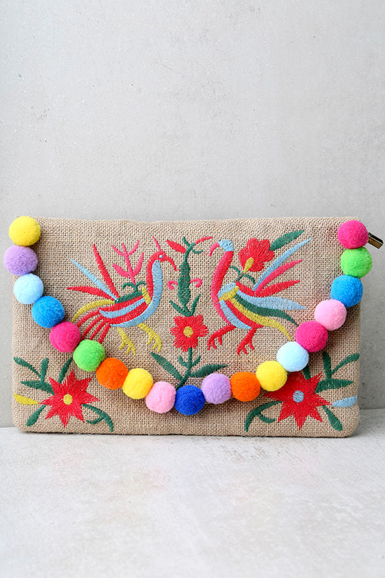 Fanciful Beige Embroidered Pompom Clutch