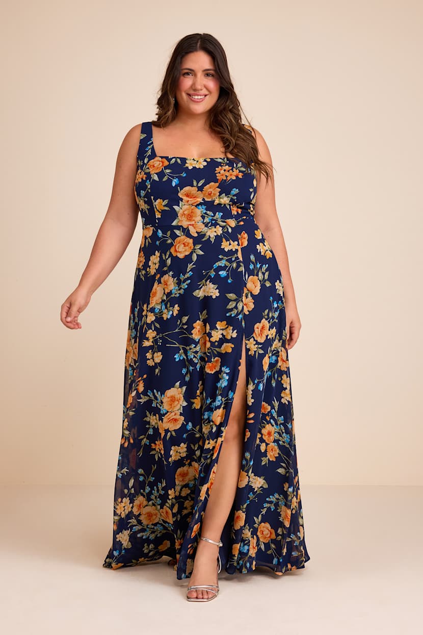 chinese dress ladies Final Sale Plus Size Tank Maxi Dress with Cutout Back in Navy Floral Print
