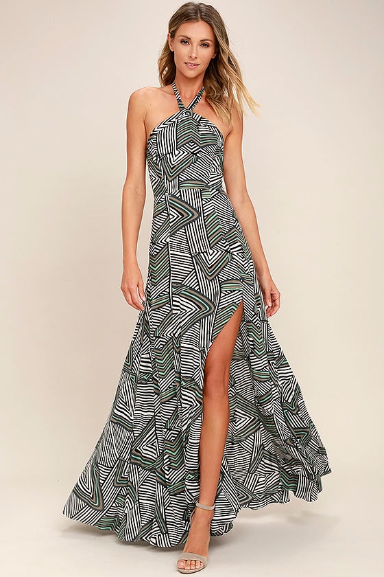 Stylish Black and White Print Dress Halter Dress Halter Maxi Dress