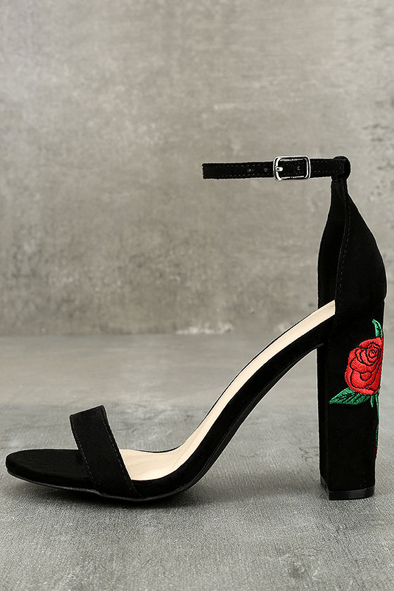 Felora Black Suede Embroidered Ankle Strap Heels