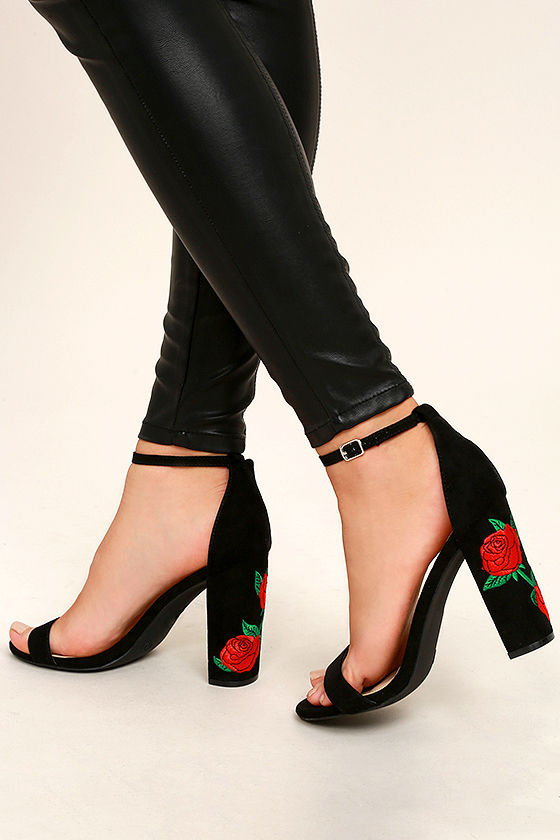 Lovely Black Suede Heels - Embroidered 