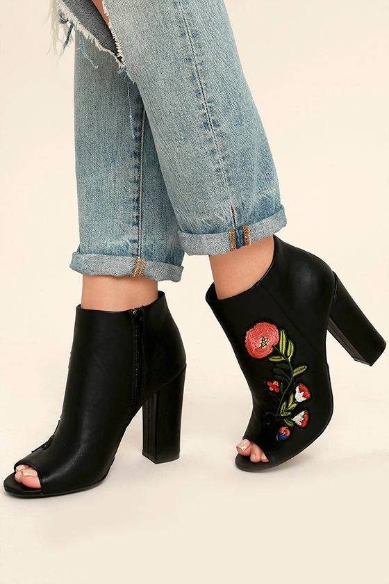 Asta Black Embroidered Peep-Toe Booties 2